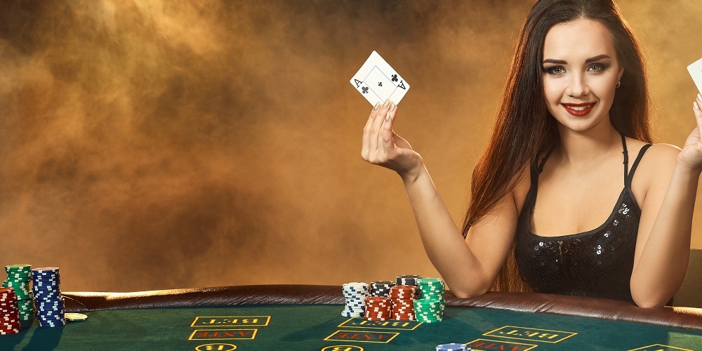 Woman holding a card